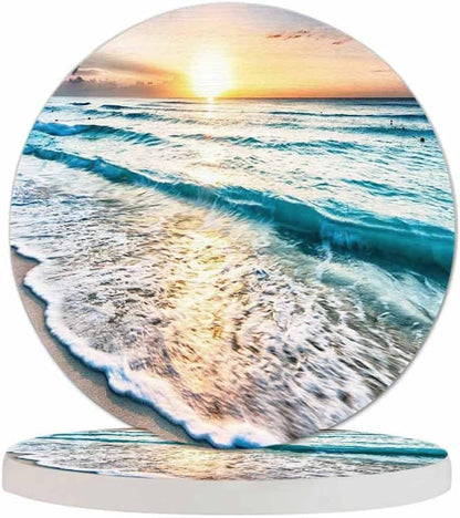 Pznen Sunset Summer Set 2 Beautiful Sea Wave and Sky at Cup Coasters for Table Clear Coast Beach Seascape Travel