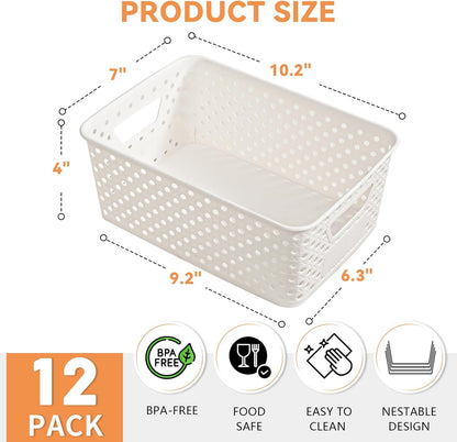 12 Pack Plastic Storage Baskets by [Brand Name] - Versatile Organizers with Handles & Labels for Cabinets, Closets, and Offices
