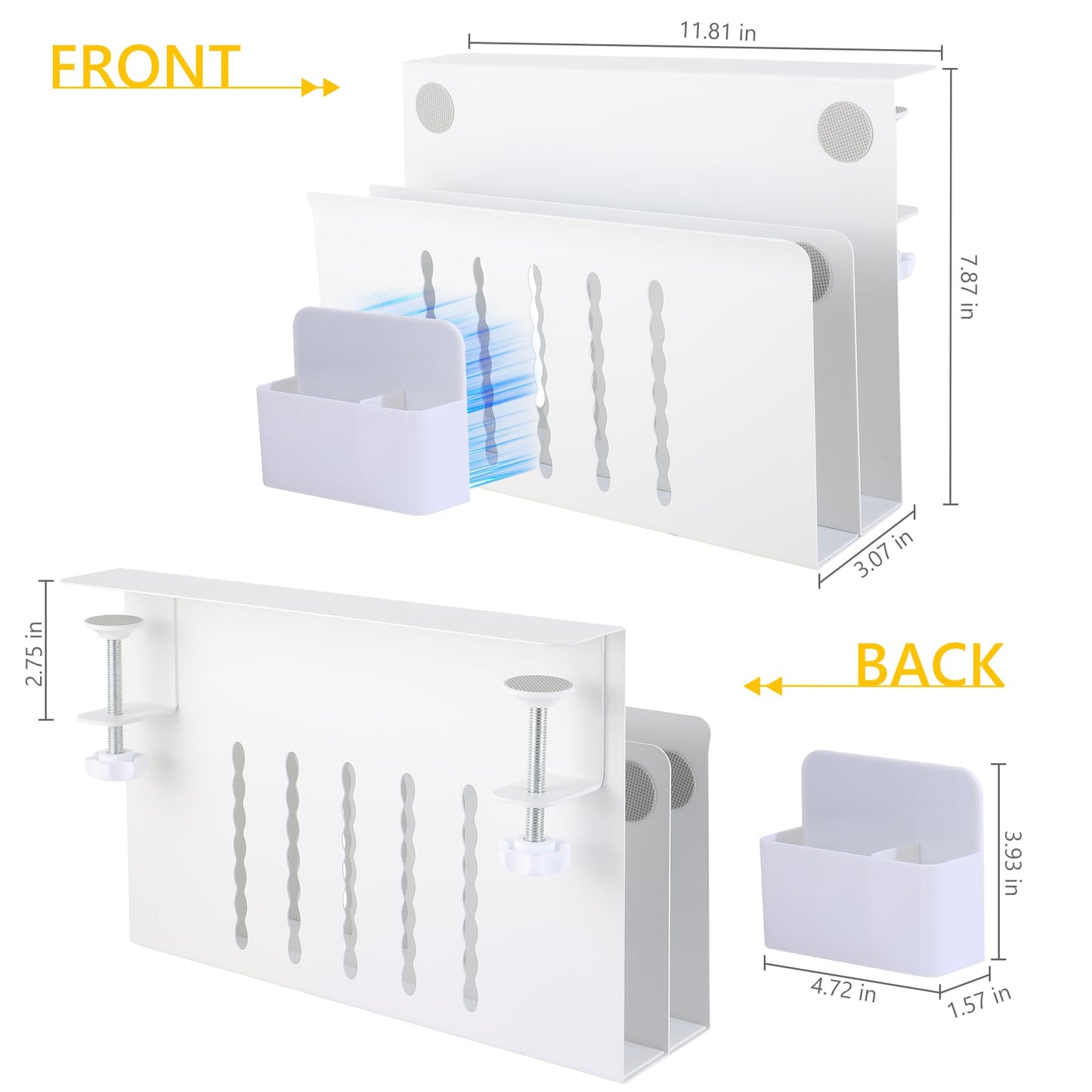 Desk Side Storage Under Desk Laptop Holder, No Drill Hanging Desk Organizer with Pen Holder, Clamp-On Table Side Tray Desktop Organization Mount for Office and Home (White)