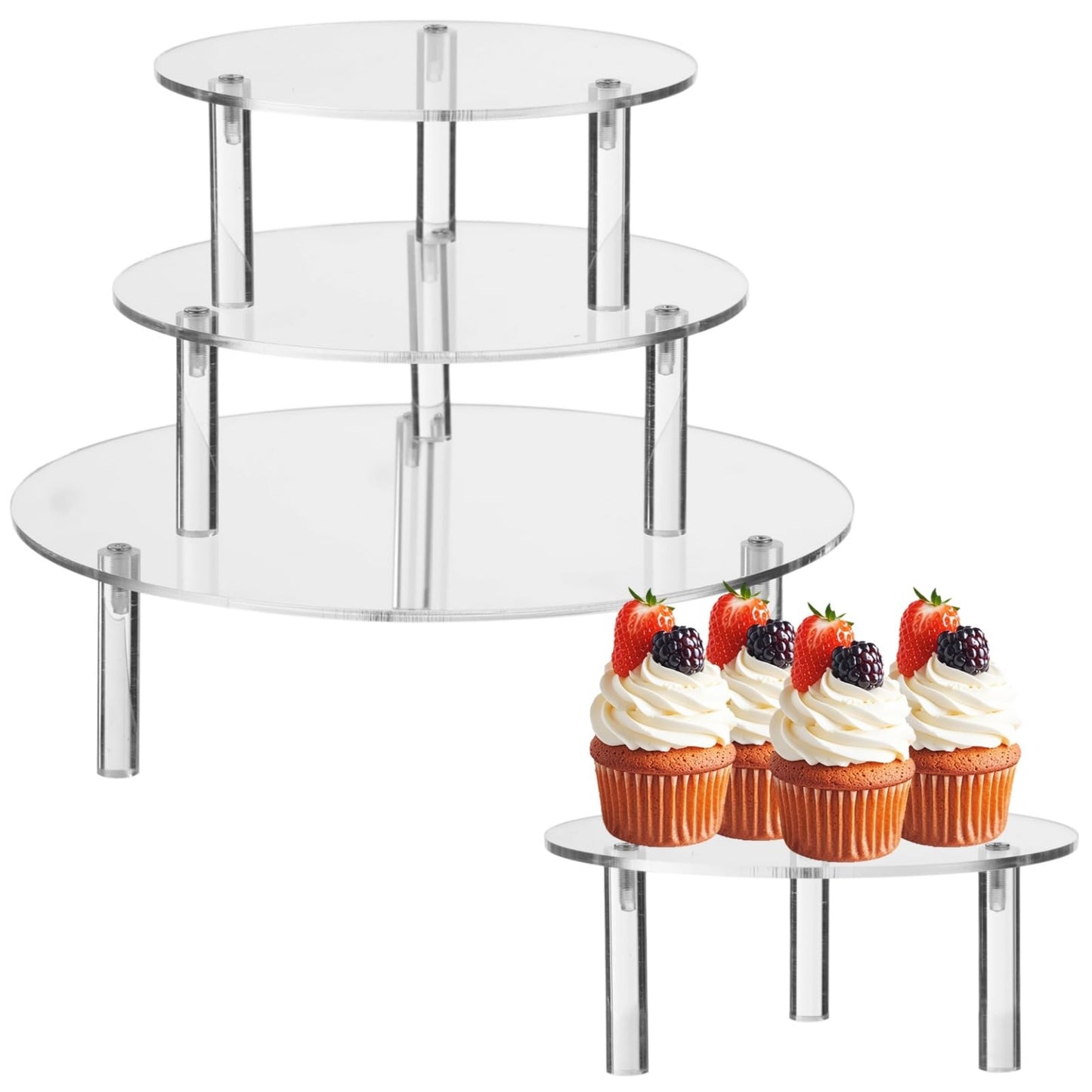 yeesport 3 Pcs Acrylic Riser Set, Clear Round Display Stands for Cake, Dessert, Afternoon Tea, Displaying Cosmetics, Jewelry, Toy Figures, Multiple Sizes, Stackable Design