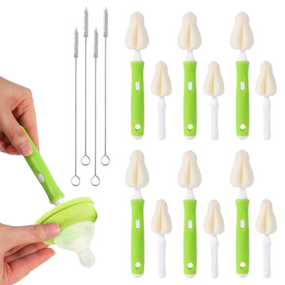 16pcs Sponge Nipple Bottle Brushes Set, Includes 6 Bottle Nipple Cleaners Washer Scrubber with 6 Replacement Brush Heads & 4 Straw Brushes for Cleaning Baby Food Feeders Cups Straws