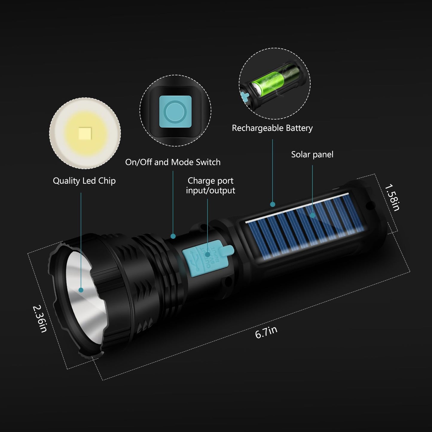 VOETIR Led Solar Flashlight, 1500 Lumens Led Solar Handheld Rechargeable Flashlights with IP65 Waterproof, 2000mAh Battery for Survival Emergencies Camping (1 Pack)