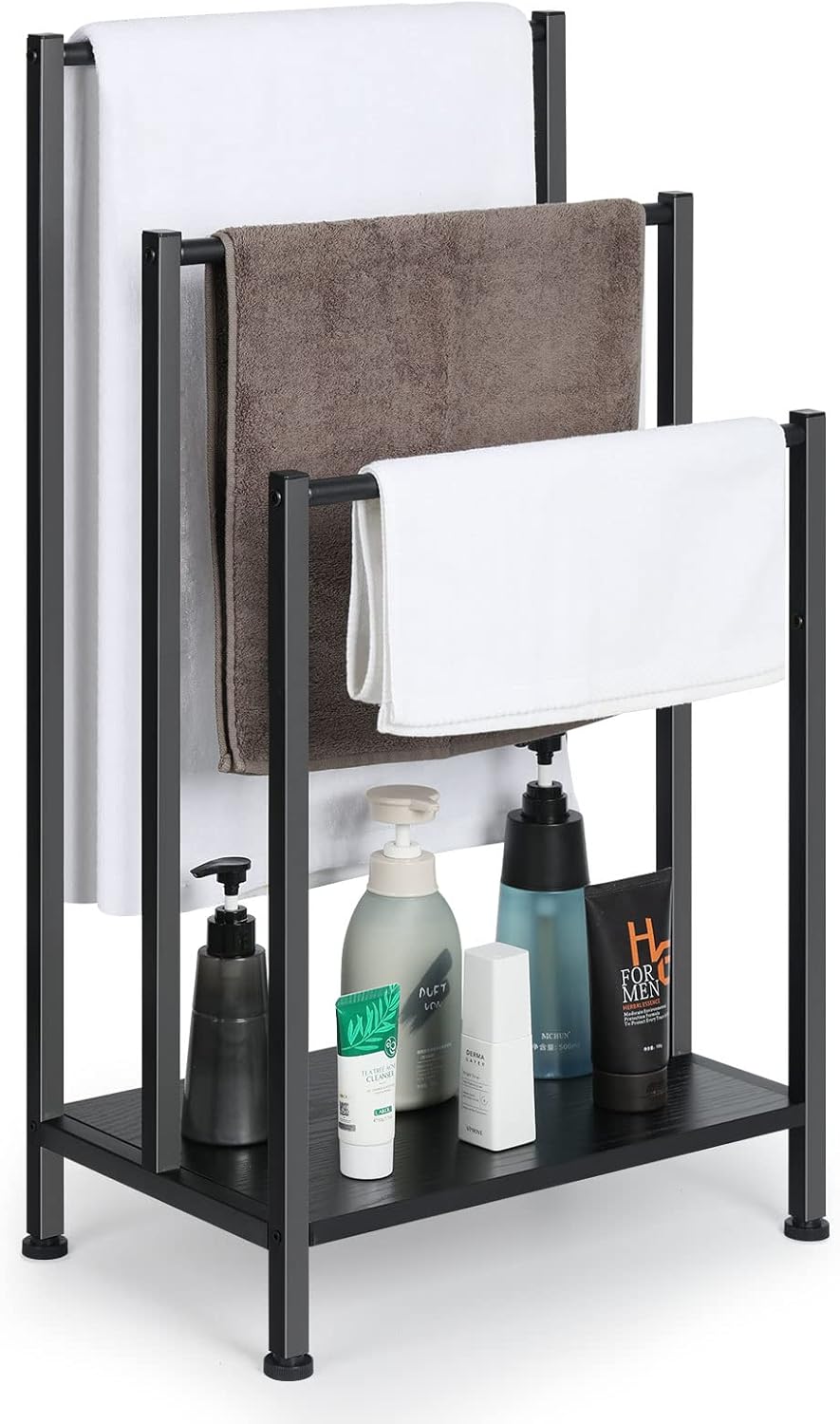3 Free Standing Blanket Ladder Holder Rack, Tier Black Metal Towel Racks Stand with Wooden Storage Shelf, Multipurpose