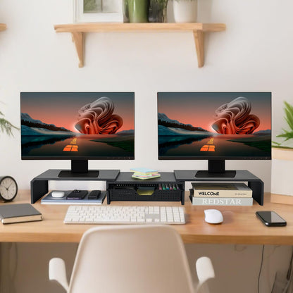LEKETREE Dual Monitor Stand Riser with Drawer, Computer Stand for Desk, Workspace Desktop Stand, Desk Organizer for Computer, Laptop, TV and More (Black)