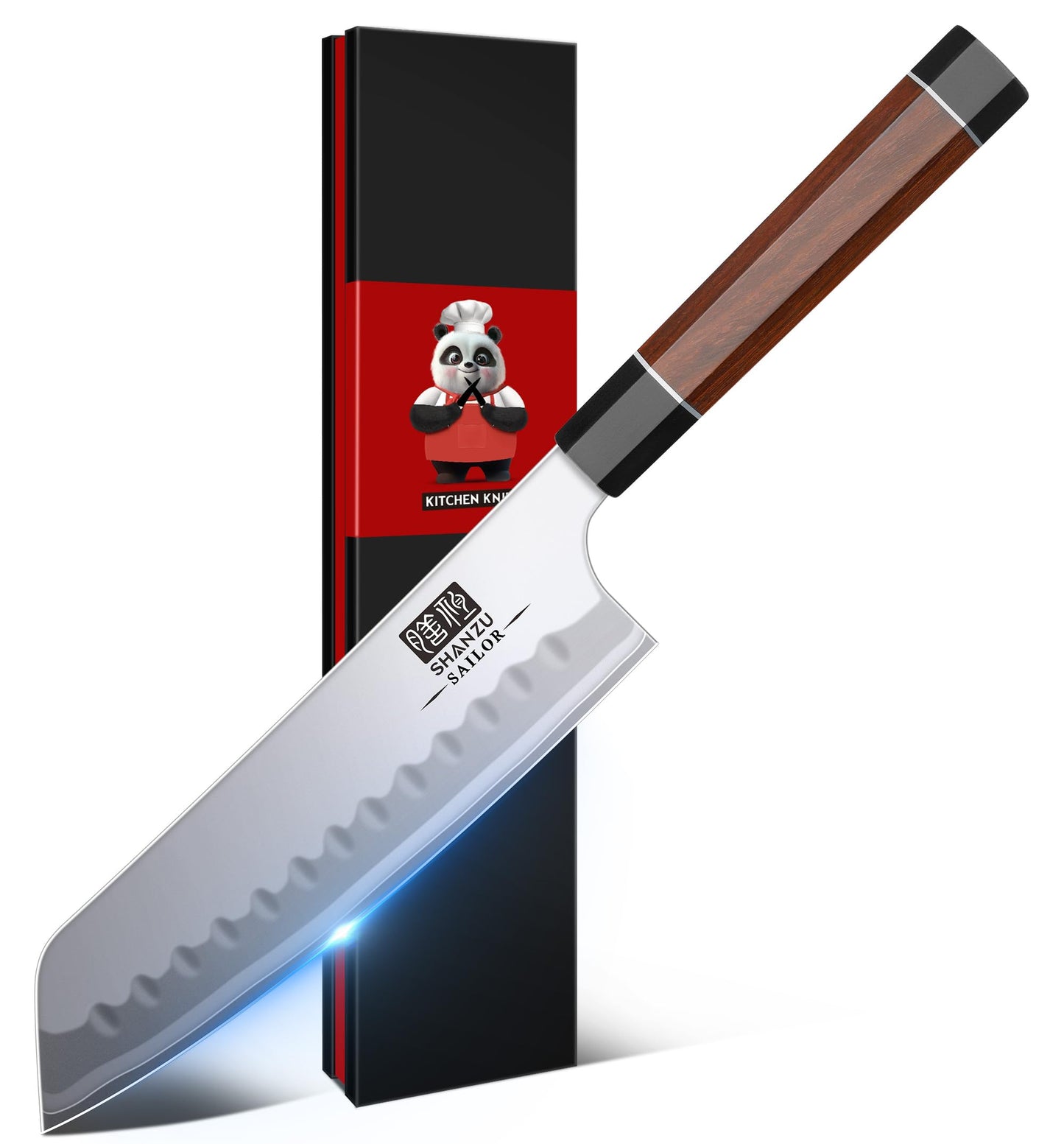 SHAN ZU 7 Inch Japanese Chef Knife, 9 Layers 10Cr15MoV High Carbon Steel Professional Kitchen Knife, Sharp Cooking Knife with Ergonomic Red Sandalwood Handle, Meat Cutting Sashimi Santoku Knife