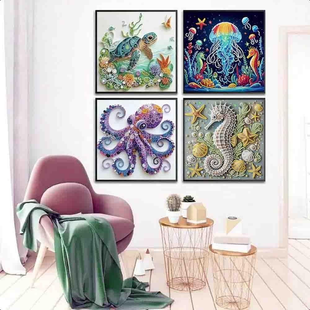 4 pack Marine Animals Special Shape Diamond Painting Kits for Beginner,Crystal Rhinestones Diamond Dots Diamond Art Accessories DIY Diamond Art Kits for Adults for Beginner for Home Wall Decor