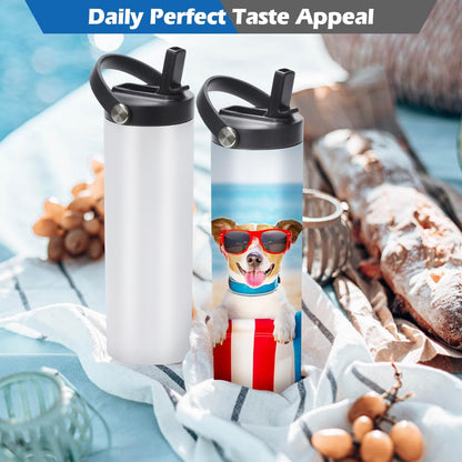25 Pack Sublimation Tumblers Flat Edge Blanks Skinny Straight 20 oz, Stainless Steel Double Wall Insulated Sublimation Water Bottles with Portable Handle & Straw Lids for Heat Transfer, White