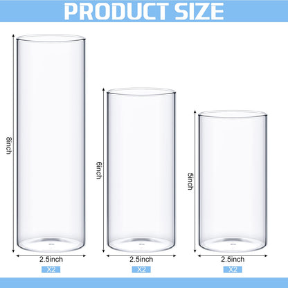 Didaey 6 Pcs Thin Cylinder Vases Set for Centerpieces 2.5'' Diameter 2mm Thickness Clear Glass Vase Hurricane Floating Candle Holder for Wedding Table Decoration (2.5'' X 5'',6'',8'')