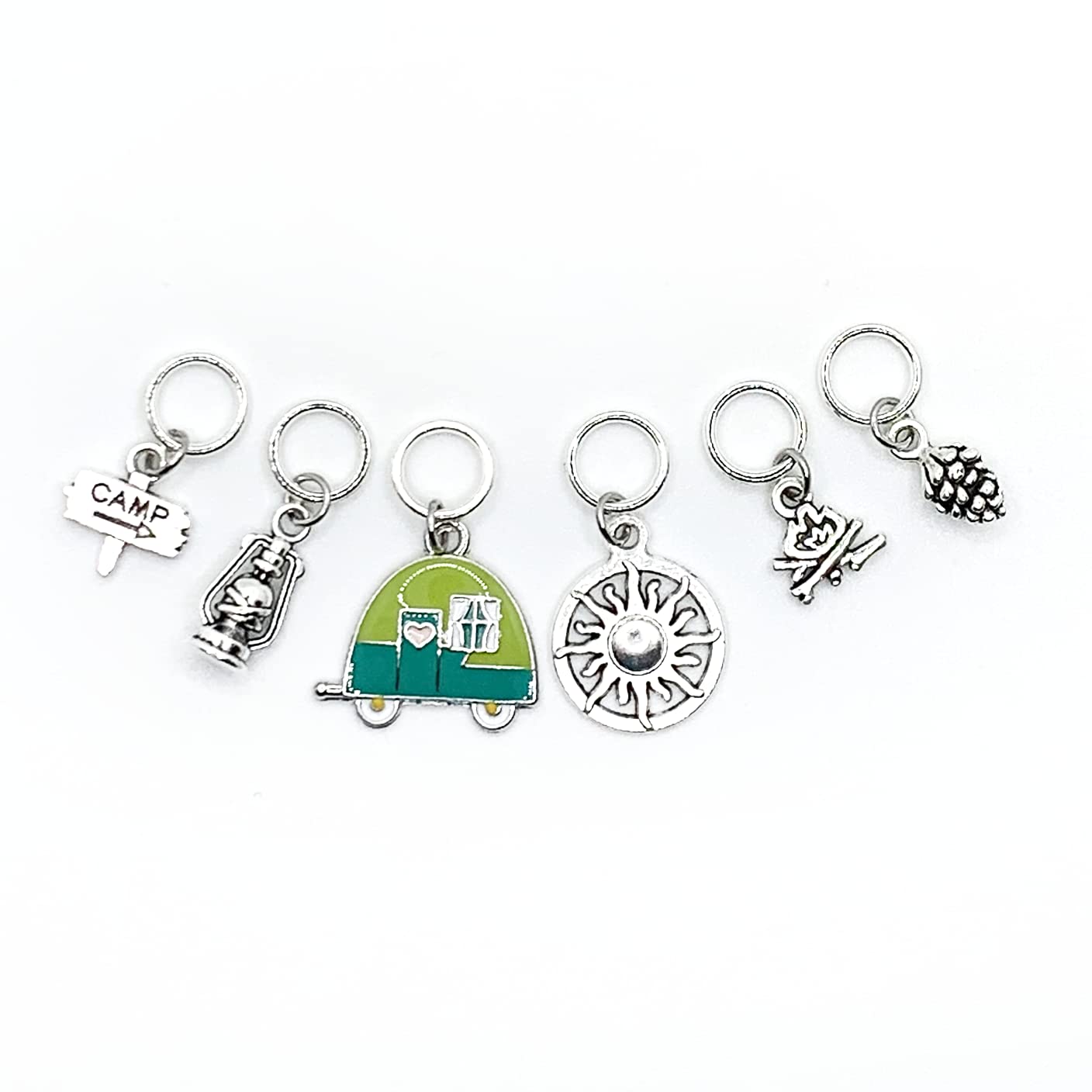 Go Camping Knitting Stitch Markers with Storage Tin | Ring Style Closed Rings | Camping Theme | Gift for Knitters & Yarn Lovers | Handmade by Pretty Warm Designs