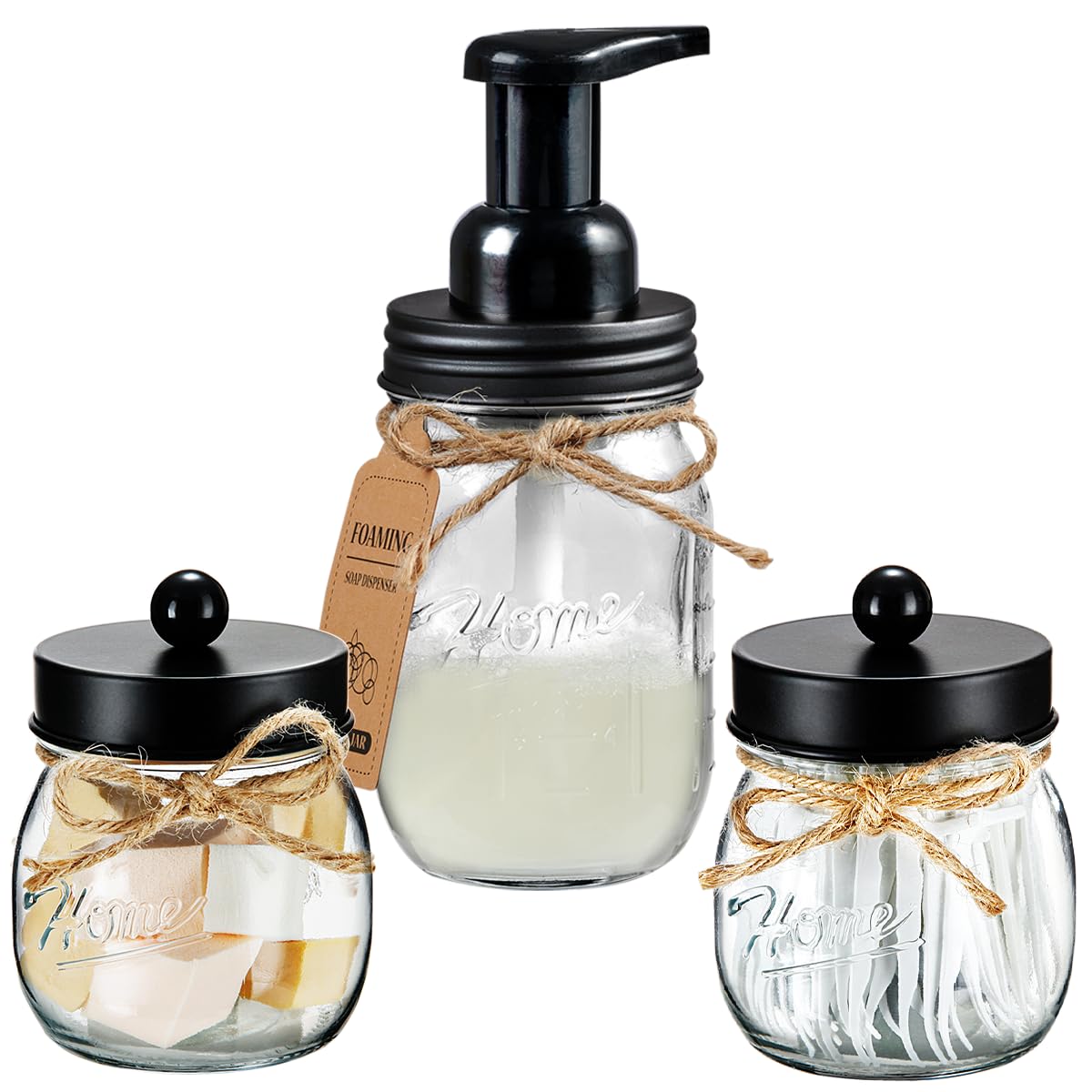 SheeChung Bathroom Accessories Set - Mason Jar Foaming Hand Soap Dispenser, Qtip Holder Set, Rustic Farmhouse Decor, Apothecary Jars, Bathroom Countertop Organizer - Black