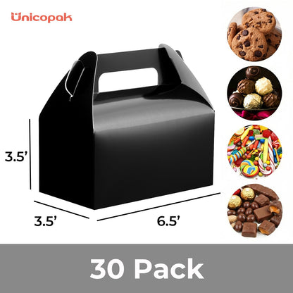 UnicoPak 30 Pack Black Gable Treat Boxes, Party Favor Boxes, Gift Boxes for Kids, for Snacks, Candy, Toys, Birthday Party, Wedding, Halloween, Christmas – 6.5x3.5x3.5 Inches