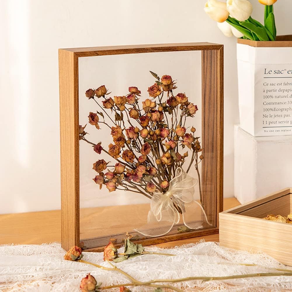Wooden Dried Flower Shadow Box Frame, A4 Size (8.3x11.7 Inches) Double Glass Floating Display, Walnut Double-Sided Plexiglass Photo Frame for Tabletop, DIY, Crafts, Specimens, and Photos, 1 Pack
