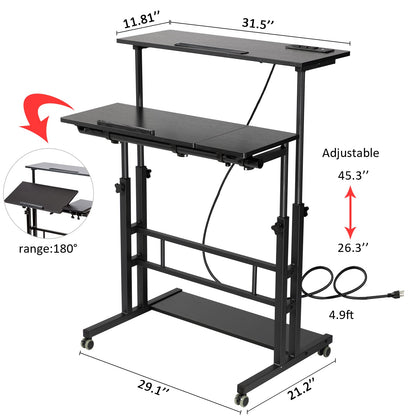 Hadulcet Stand Up Desk, Rolling Desk Adjustable Height, Mobile Standing Desk with Wheels & Charging Station, Portable Stand for Laptop, Rolling Computer Cart TV Tray, Small Standing Desk Drawing Table