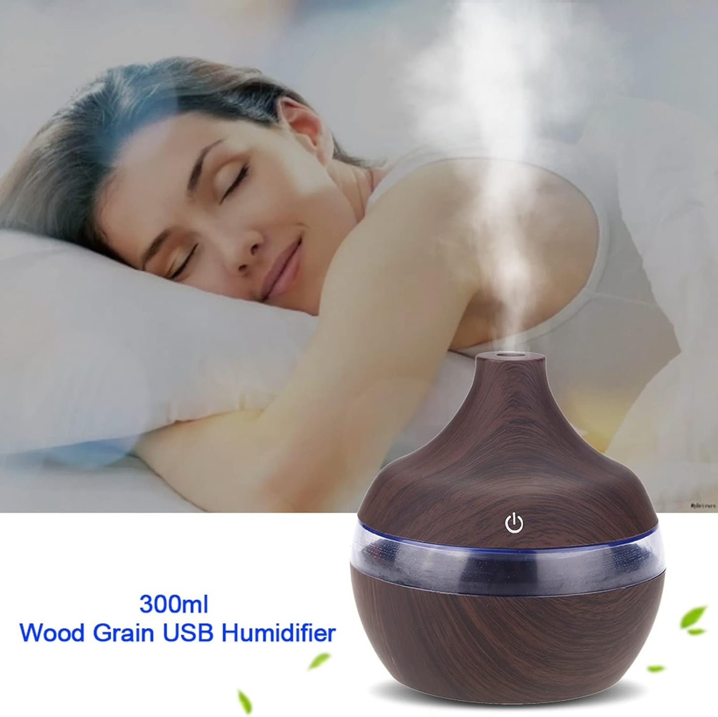 Wood Grain USB Humidifiers for Home, Top Fill with LED Night Light, Ideal for Bedroom Office Nursery, Compact Design