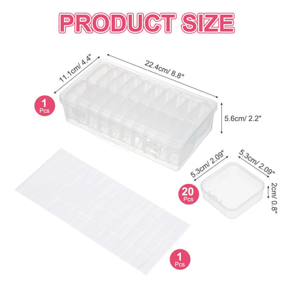 MECCANIXITY 20 Slots Diamond Art Storage Containers, Clear Plastic Diamond Art Painting Beads Organizer Case Accessories with Labels for Jewelry Nail Crafts Rhinestones 8.8x4.4x2.2inch