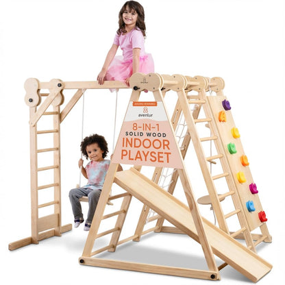 Avenlur 8-in-1 Indoor Play Gym – Toddler Jungle Gym for Kids Ages 2–6 – Indoor Playground Wooden Climbing Playset with Slide, Monkey Bars, Ladder, Rope Ladder, Rock Climbing, Swing, Rings, Disc Swing