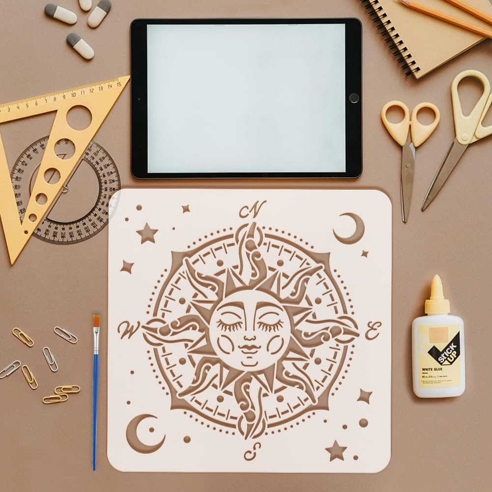 FINGERINSPIRE 12 Pcs Mandala Sun Painting Template with Brush 11.8x11.8inch Moon and Stars Painting Template Tree of Life Painting Stencil Reusable DIY Art Craft Stencil for Wood Floor Wall