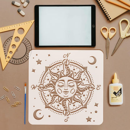 FINGERINSPIRE 12 Pcs Mandala Sun Painting Template with Brush 11.8x11.8inch Moon and Stars Painting Template Tree of Life Painting Stencil Reusable DIY Art Craft Stencil for Wood Floor Wall