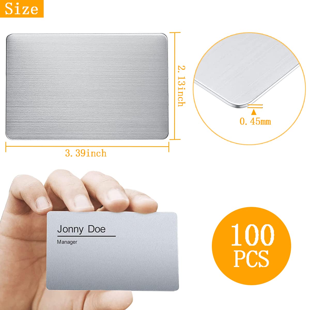 LOSYHU 100PCS Silver Metal Business Card Blanks 0.45mm Thickness Aluminum Metal Business Cards for Laser Engraving Home Office Customer DIY Gift Plate Invitations, 3.4 x 2.1 Inch