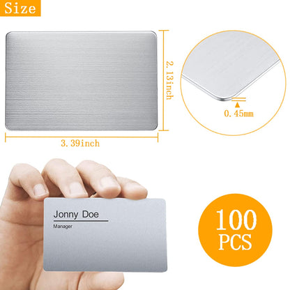 LOSYHU 100PCS Silver Metal Business Card Blanks 0.45mm Thickness Aluminum Metal Business Cards for Laser Engraving Home Office Customer DIY Gift Plate Invitations, 3.4 x 2.1 Inch