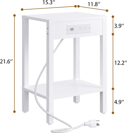 MMEOLUOOK 2-Tier MLBZ14WE End Table with Charging Station, Nightstand with Storage Shelf,Modern Side Table,Bedside