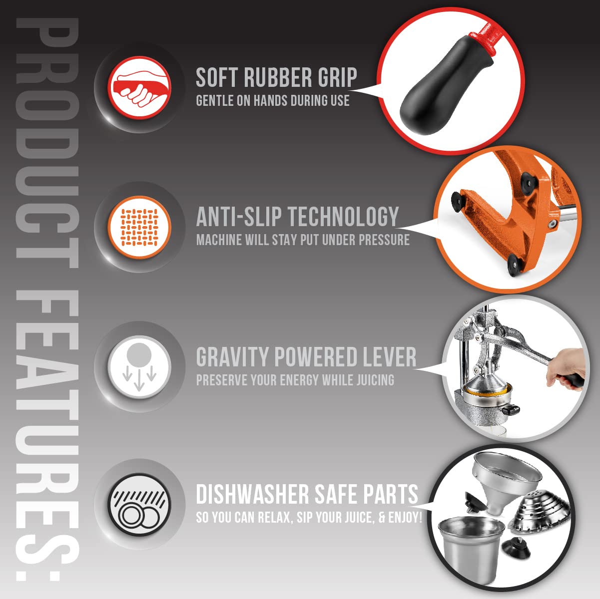 Eurolux Ultra-Premium Cast Iron Juicer | Extra-Large, Heavy Duty, Commercial Grade, Stainless Steel Manual Hand Press Citrus Squeezer For Fresh Orange Juice, Pomegranate, Lemon, and Much More (Gray)