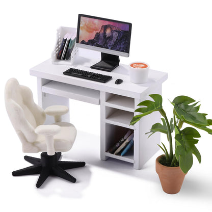DIYDEC 1:12 Scale Miniatures Office Desk Set 14pcs Dollhouse Office Including Mini Computers Desks Office Chair Keyboard Mouse Folder Books Potted Plants for Tiny Stuff Dollhouse Figurines