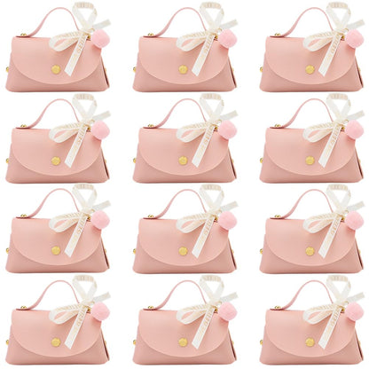 CALFOVERA 12 Sets Pink PU Leather Party Favor Boxes Mini Leather Gift Wrapping Handbags Reusable Chocolate Candy Bags Elegant Treat Purses with Ribbons for Birthday Wedding Halloween Christmas