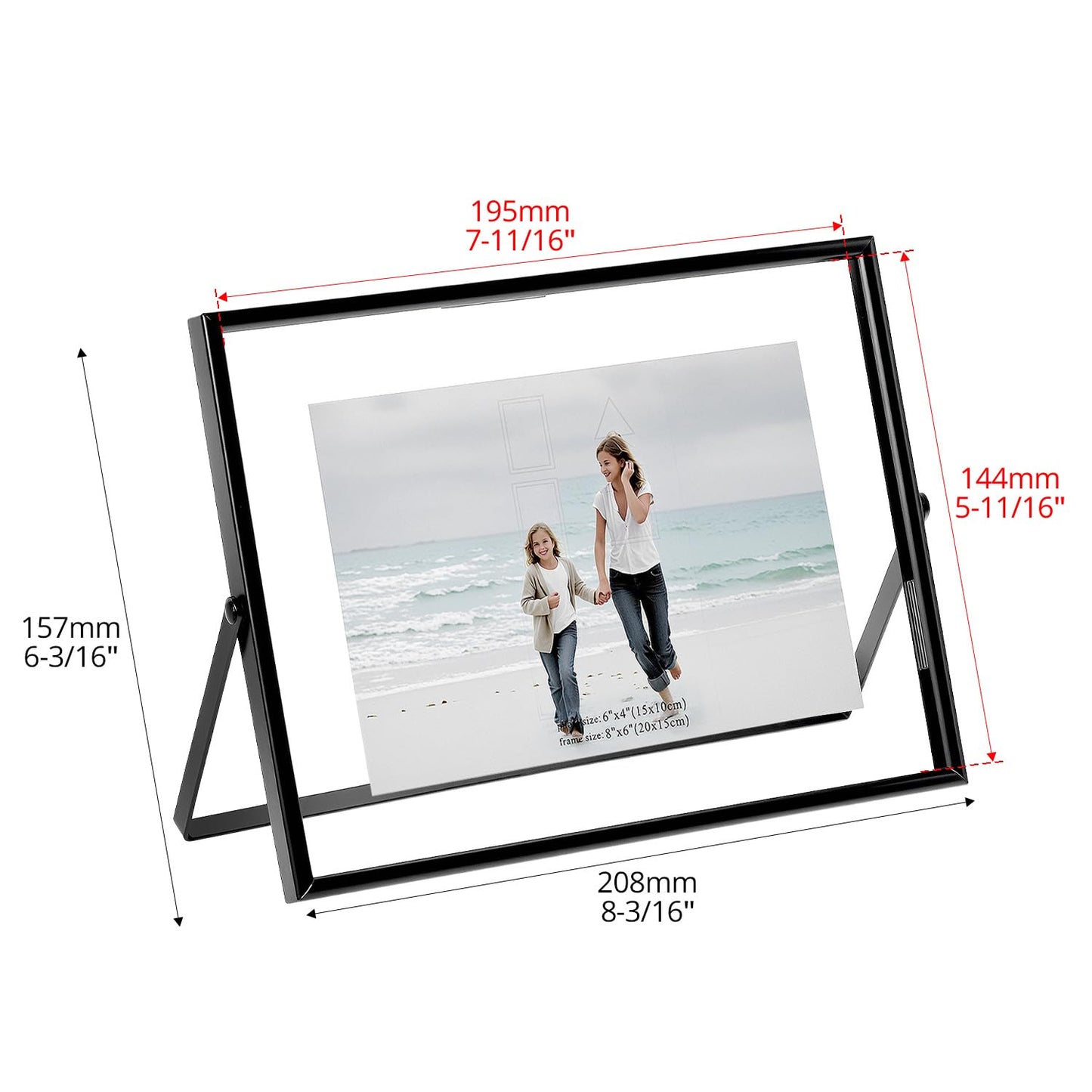 QWORK 6x8 Inch Black Floating Picture Frame Horizontal, Fits 5x7 4x6 3x5 Photos, Glass Double Panel Metal Frame for Tabletop Display
