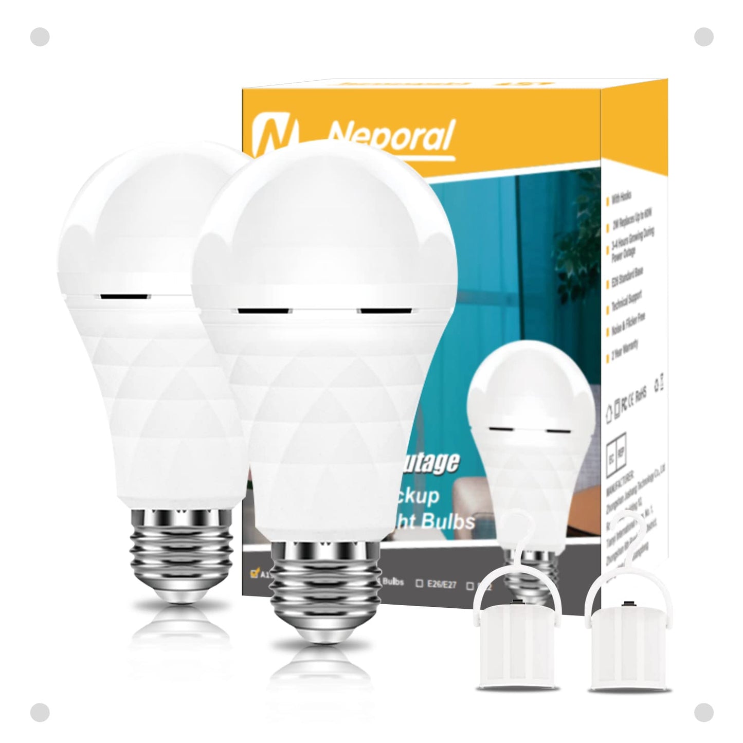Neporal A19 Rechargeable Light Bulbs, Socket Rechargeable Emergency Light Bulb for Power Failure, 1200mAh Battery Backup Light Bulbs for Home, Hurricane, Led Bulb 60 Watt Equiv. (Daylight-2 PK)
