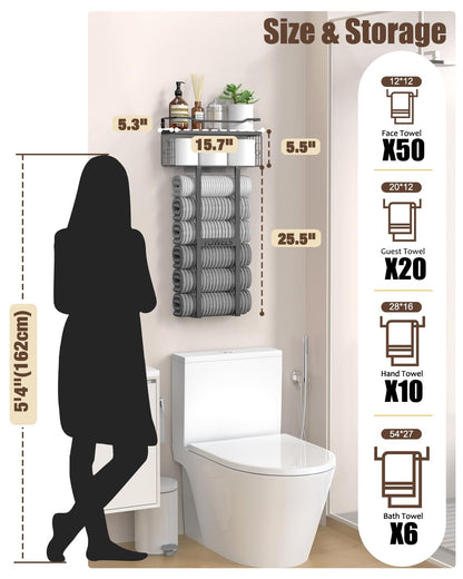 Aetyord Towel Racks for Bathroom 31inch Wall Mounted Towel Rack,Floating Shelf with Wood Plank,Towel Storage for Bathroom can Holds 6 Large Rolled Towels,All Black
