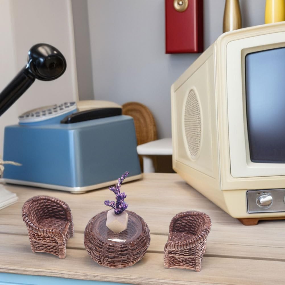 DOITOOL Miniature Table and Chairs Set: 1:12 Scale Miniature Dollhouse Accessories Mini Rattan Table and Chairs Dollhouse Furniture for Fairy Garden Micro Landscape Decoration