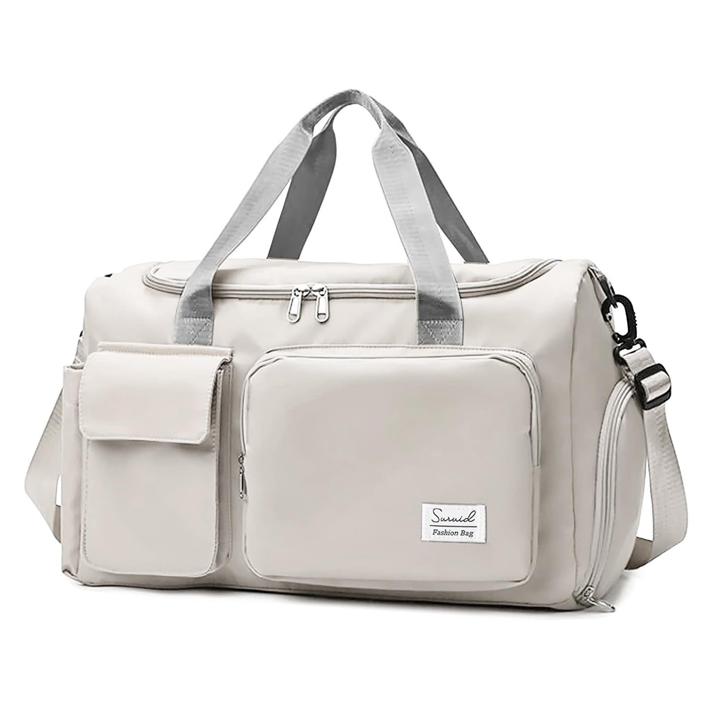 Suruid Travel Duffel Bag with Shoes Compartment Sports Gym Bag with Dry Wet Separated Pocket for Men and Women, Overnight Bag Weekender Bag Training Handbag Yoga Bag - White Gray