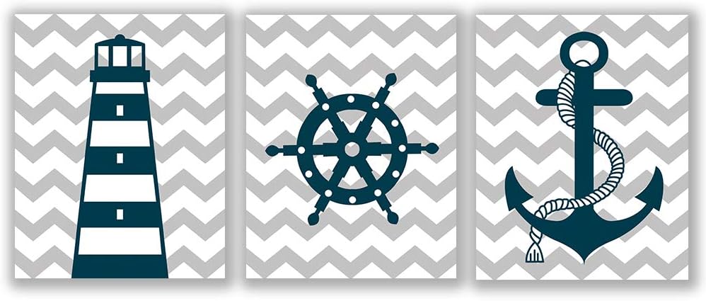 HPNIUB Nautical Art Print Set of 3 (8”X10”), Lighthouse, Steering Wheel, Anchor, Navigation Print for Baby Boy
