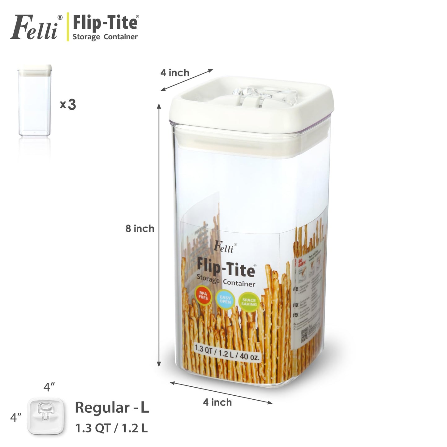 Felli Flip Tite Food Storage Container with Lid Airtight 4" Ring Seal Flip Top, Stackable Acrylic Canister Jar for Pantry Kitchen Counter, Snack Coffee Bean Granola Pet Treats Cracker Holder (1.2 L)