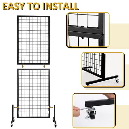 OUDUCK 1.8' x 5.7' Grid Wall Panels Standing Wire Grid, Display Rack with T-Base Wheels Freestanding Gridwall Panel Tower for Shows, Black