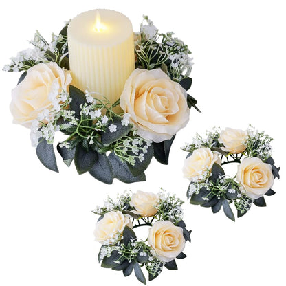 2 Pack Artificial Rose Candle Rings, Christmas Floral Wreaths with Eucalyptus Leaves Mini Wreaths Candle Rings for Pillar Candle Lantern Wedding Centerpiece Party Home Fall Table Decor (Champagne)
