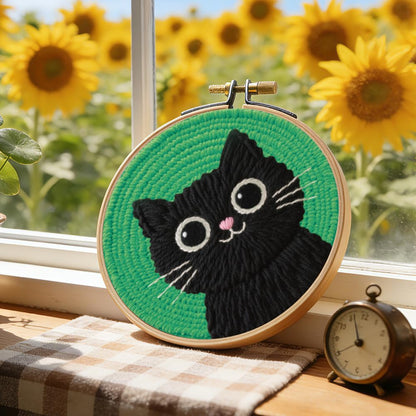 BEUNITONE 2Pcs Cute Cat Punch Needle Kit for Beginners, Starter Embroidery Kits with Frame & Instructions, Needle Felting Kit Poke Art for Adults DIY Handmade Craft for Coasters, Bags, Clothes Decor