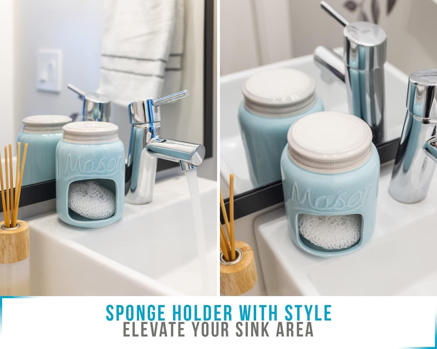 Comfify Ceramic Kitchen Sponge Holder, Farmhouse Style Sink Caddy, Aqua Blue, Includes Free Sponge
