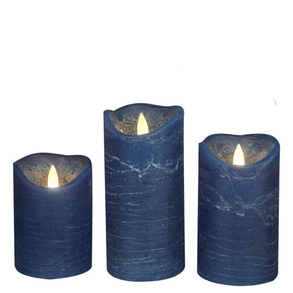 CANDLE CHOICE Real Wax Battery Operated Flameless Candles with Automatic Daily Cycle Timer Realistic Flickering Electric LED Pillars Wedding Party Holiday Decorations Set of 3 Rustic Texture Navy Blue