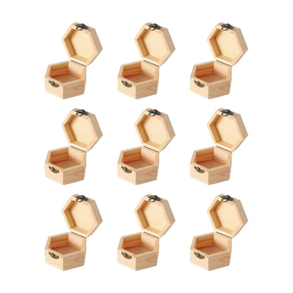 12 pcs Unfinished Vintage Wooden Hexagonal Pine Storage Boxes, 3.8X3.3X2.2in with Hinged Lids and Front Buckles for DIY Handmade Wooden Jewelry Box