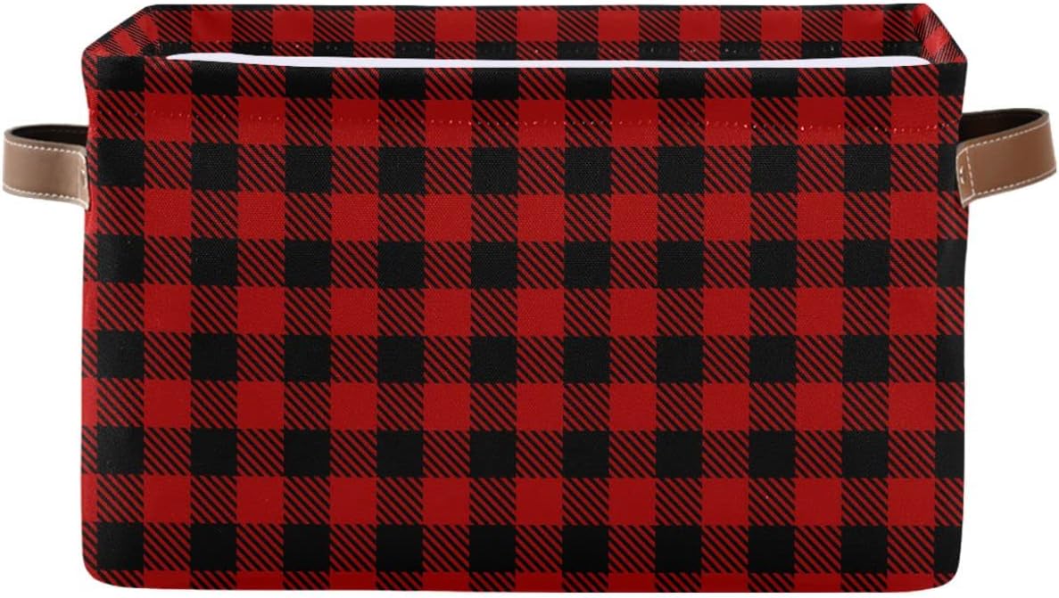 Christmas Red Buffalo Plaid Storage Basket, Fabric Laundry Baskets for Winter Holiday Decorations, 16×12×8 Inches