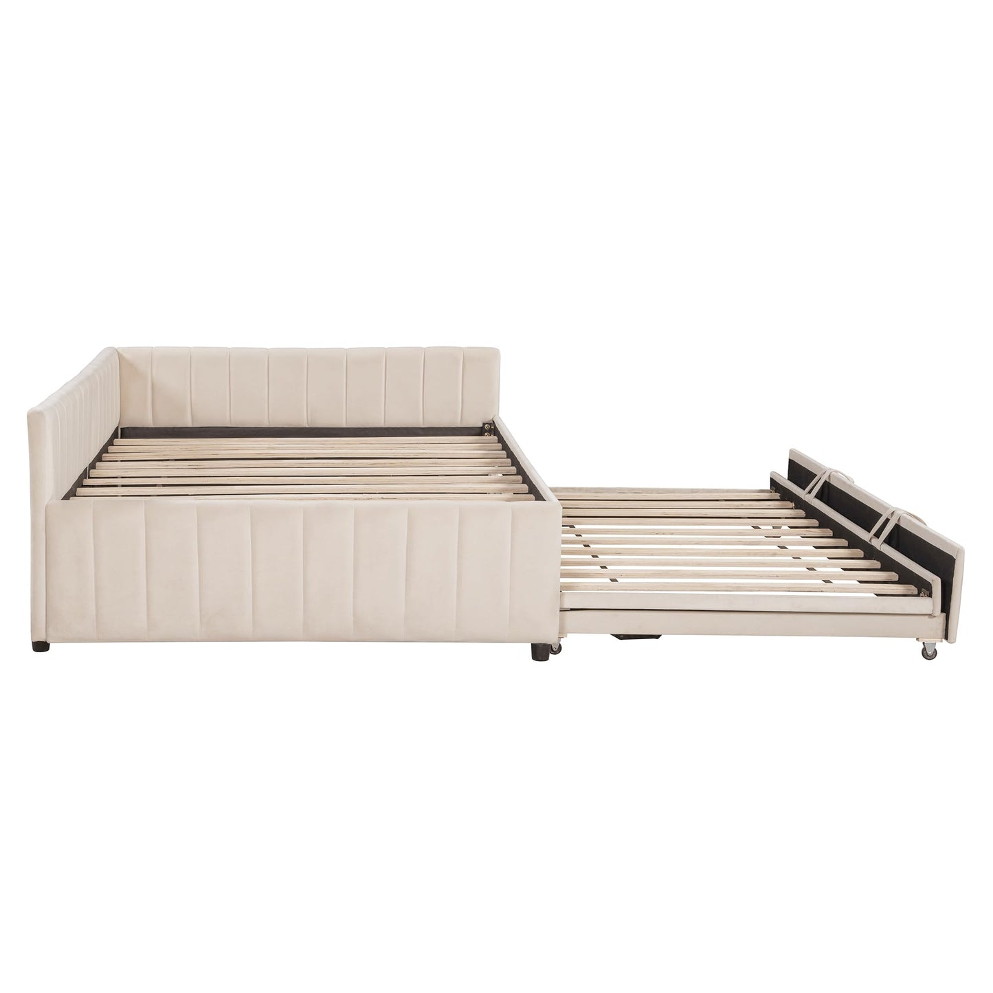 Full Size Upholstered Daybed with Pop up Trundle Bed,Velvet Day Bed Frame with L-Shaped Backrest,Pop up Trundle Full Size,Tufted Sofa Bed for Bedroom,Living Room,Guest,Beige