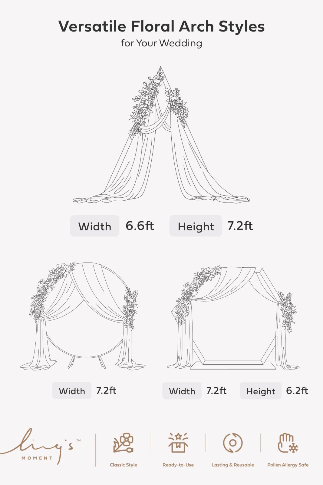 Ling's moment Artificial Wedding Arch Flowers Kit Pack of 4, 2pcs Hanging Silk Flowers Arrangement 2pcs Chiffon Drapes Ceremony Spring Fake Rose Arbor Backdrop White Sage Floral Party Outdoor Decor