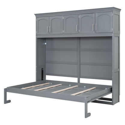 Merax Modern Farmhouse Solid Wood Murphy Cabinet Bed with Top Cabinets, Tall Wall Platform Bed No Box Spring Needed/Easy Assemble Queen,Gray
