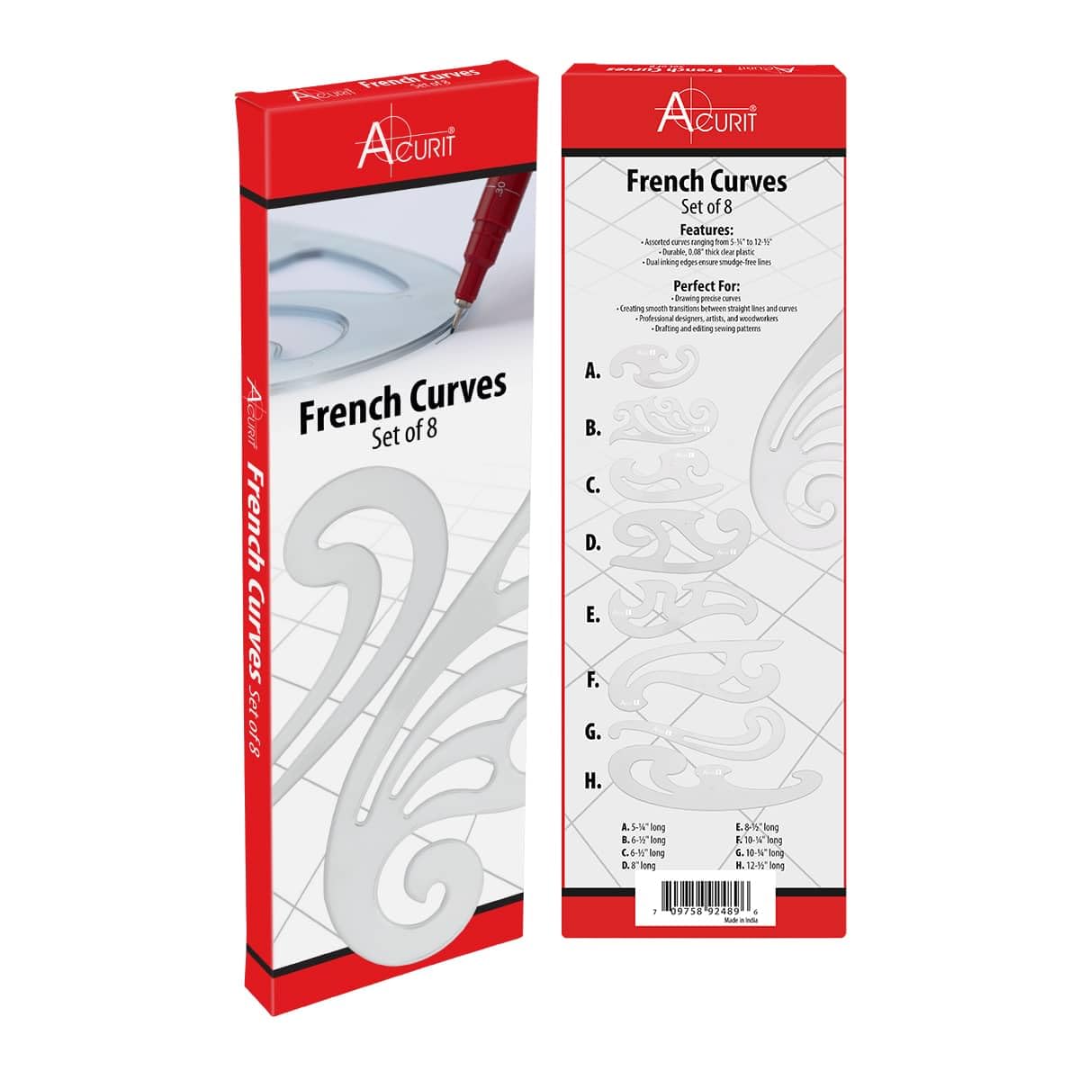 Acurit French Curve Set of 8 – Clear Plastic Drawing Templates for Sewing, Pattern Making, Drafting, Fashion Design, Architecture, Graphic Illustration – Smudge-Free Inking Edges