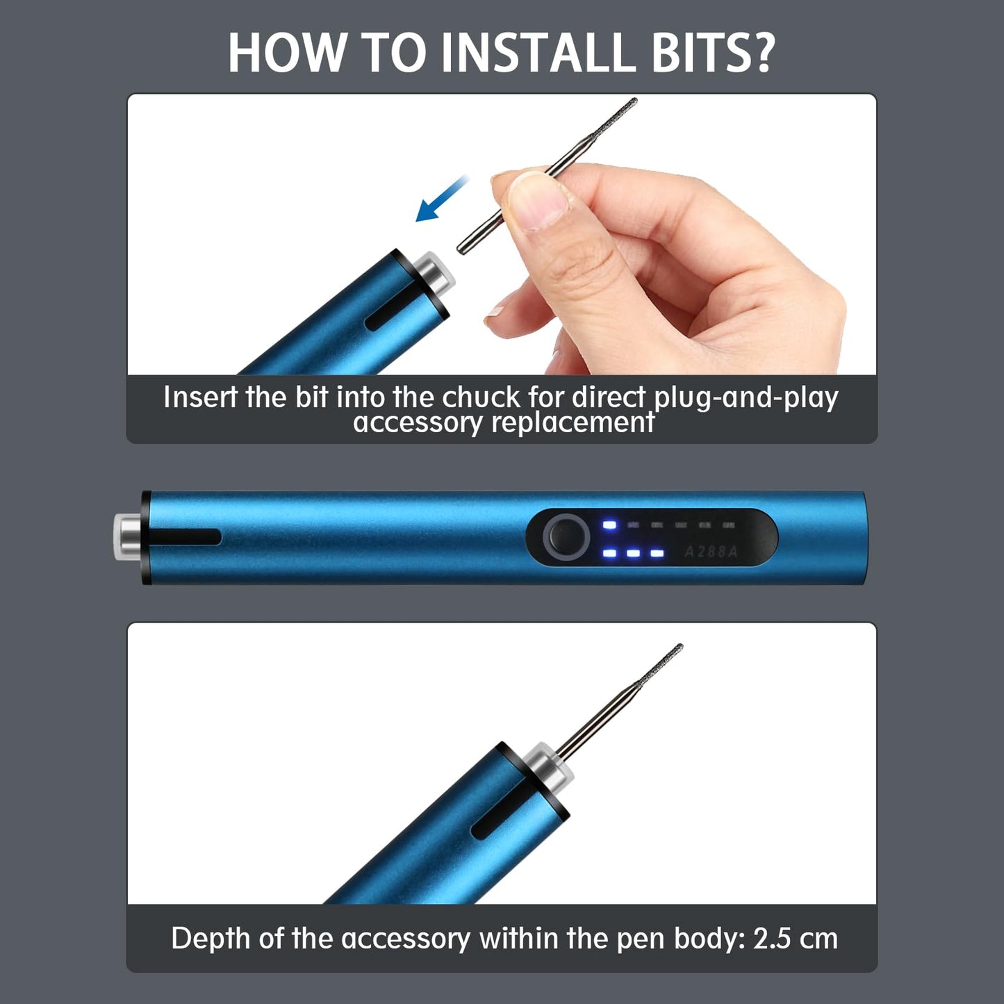 Mini Cordless Electric Engraving Pen with 30 Carving & 2 Drilling & 1 Tungsten Carbide Grinding Rotary Bits for DIY Crafts, USB LED Light 3-Speed Tool Kit for Metal, Wood, Glass, Plastic (Blue)