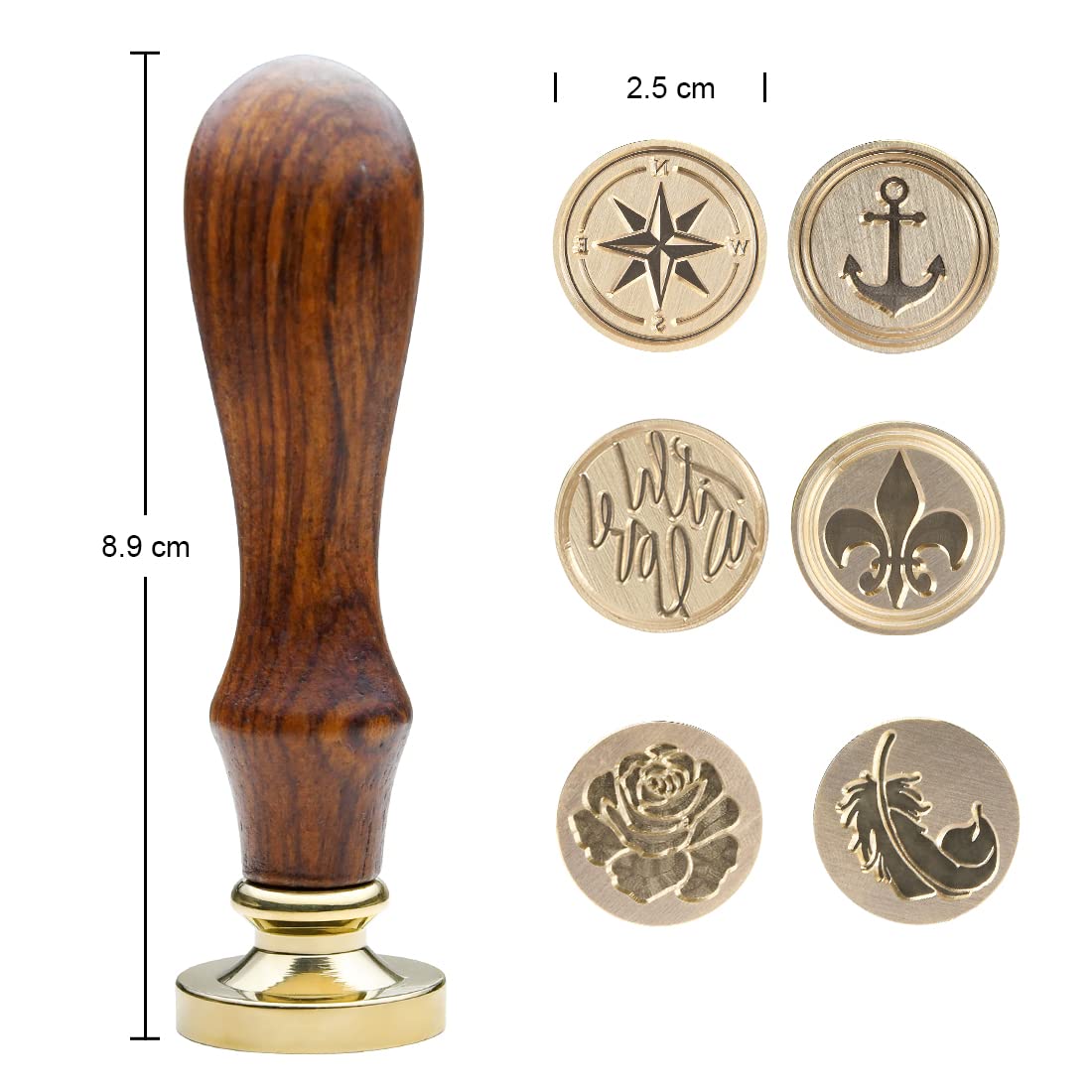 Wax Seal Stamp Kit, 6 pcs Brass Head Wax Stamp & 1 Wooden Handle, 6 Designs (Anchor, Feather, Fleur-de-lis,Compass, with Love, Rose Flower)