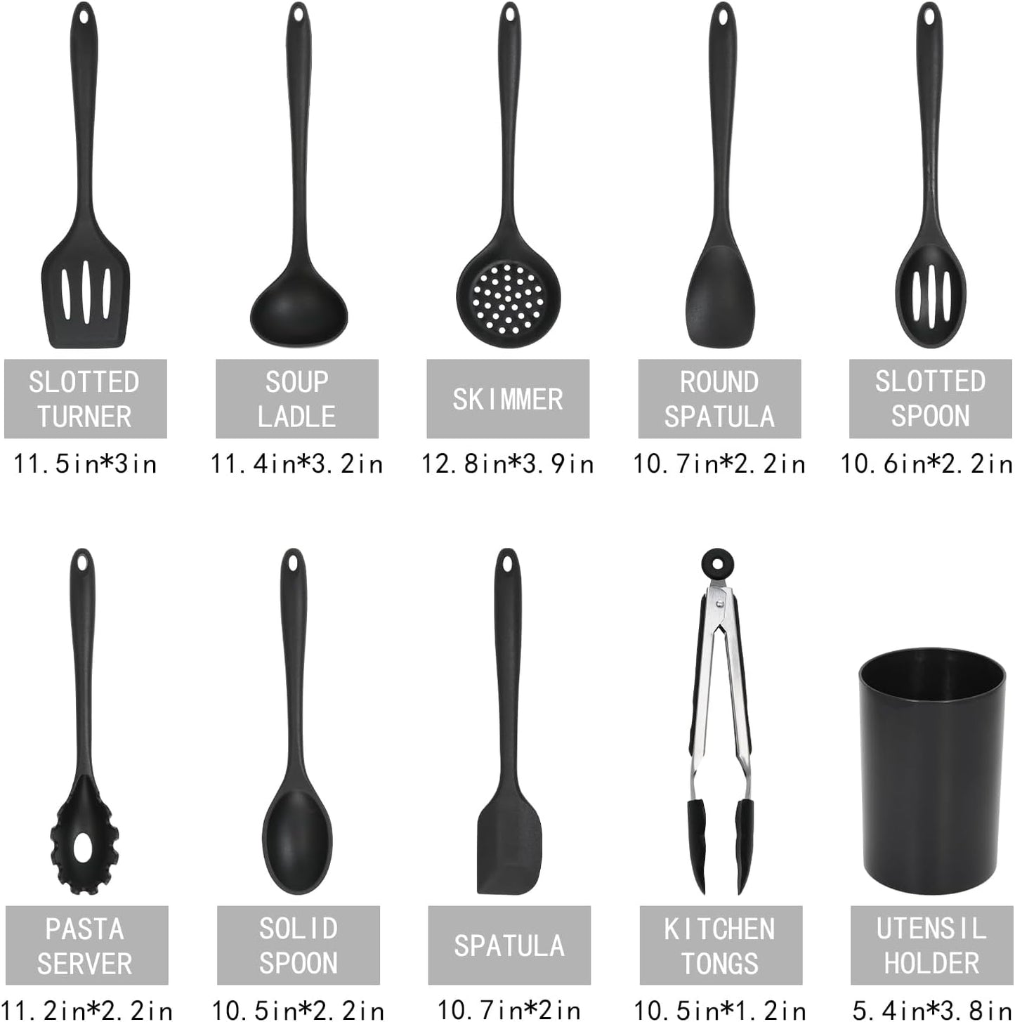 Silicone Kitchen Utensils Set of 10 for Cooking, Nonstick Cookware, Includes Slotted Turner, Soup Ladle, Tongs & Holder