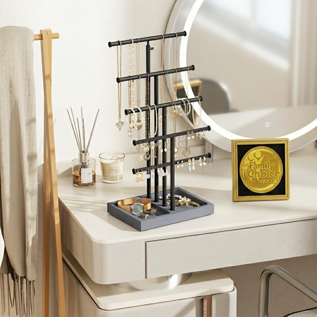 Love-KANKEI Jewelry Organizer Stand, 5 Tier Large Necklace Holder with Wood Base, Jewelry holder stand Tree for Display, Bracelets Earrings Rings, Height Adjustable Gift Weathered Grey